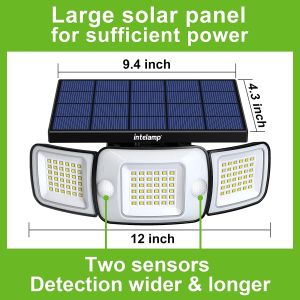 intelamp Solar Lights Outdoor With Large Solar Panel Two Motion Sensor 6000mAh High Capacity For Patio Porch Garage Yard Streets