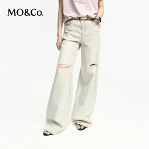 MO&Co. | Distressed Blue White Vintage Rhinestoned Ripped High-waist Flare Jeans