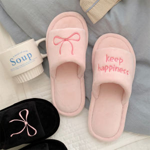 Thin Strip Korean Ins Letter Bow Floor Shoes Female Casual Bedroom Non-Slip Autumn and Winter Word Cotton Slippers