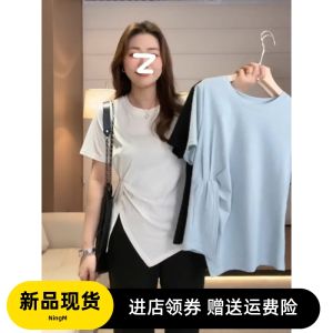 Plus Size Korean Style Niche Design Twisted Shoulder Short Sleeve T-shirt Female Summer Slightly Oversized Girls Western Style Split Slimming Tops
