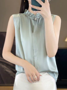 เสื้อเชิ้ตผู้หญิงแขนกุดผ้าชีฟองซาตินเนื้อเดียว คอวี แขนกุด ทรงหลวม ทรงหลวม ทรงหลวม แขนกุด แขนกุด แขนกุด