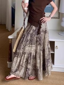 กระโปรงยาวพิมพ์ลายน้ำตาลพีชสไตล์ฝรั่งเศส กระโปรงทรงเอเอวสูง ทรงหลวม กระโปรงยาวคลุมเข่า กระโปรงสั้น กระโปรงผู้หญิง