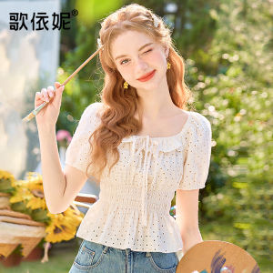 Áo Thun Tay Ngắn Ren Khoét Sâu Mùa Hè Mới Của Bé Gáiiny Dành Cho Nữ Áo Thun Cotton Phong Cách Pháp Dáng Rộng Cổ Vuông Dáng Thường