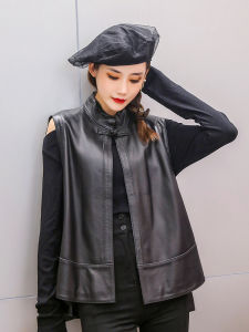 Fashionable Leather Mongolian Coat Jacket Womens Sleeveless High Collar Button Loose Outerwear Autumn Winter New Style