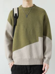 ROMON | Loose Casual Round Neck Knitted Sweater Color Block Base Shirt Romon Mens Spring Autumn New Style Comfortable Breathable Top