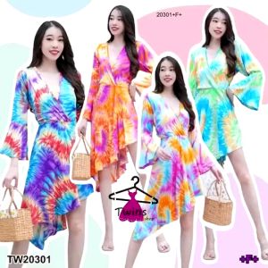 TW20301 เดรสคอวีระบายเฉียงหางปลาพิมลายมัดย้อม