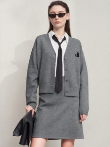 AMII | Letter Jacquard V-Neck Openwork Cardigan