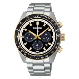 Seiko Prospex SPEEDTIMER Solar Sports Mens Watch Japan Black Gold Metal Strap 41.4mm (SSC941P1)