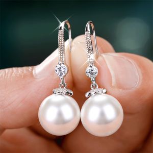 Exquisite Fashion Girl Silver Color Water Imitation Pearls Drop Earrings Shiny Round Earring for Women Jewellery