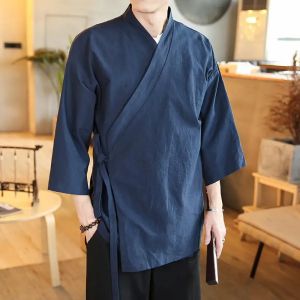 Plus Size XXXXXL 4XL 5XL Japanese Streetwear Kimono Shirt Men Plain Color 3/4 Sleeve Summer Cardigan Loose Fit Male Shirt