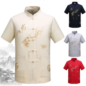 Menyesuaikan corak naga lelaki lengan pendek t-shirt Tang Suit cina atas