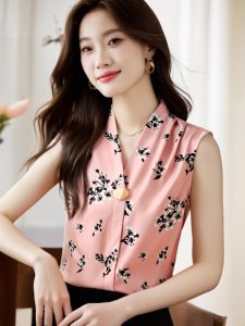 เสื้อเชิ้ตแขนกุดผ้าไหมซาตินลายดอกไม้คอวีสำหรับผู้หญิงในช่วงฤดูร้อน เสื้อกั๊กผ้าไหมมัลเบอร์รี่สไตล์ฤดูร้อน เสื้อเชิ้ตคอวีสำหรับผู้หญิง