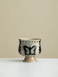 แก้วชาเซรามิกลายมือสีล่าง ดินเผา ทรงสูง ลายดอกไม้ ลายมือช่างฝีมือ ของตกแต่งบ้าน ชิ้นเดียว ทำจากดินเผาแบบเคลือบ