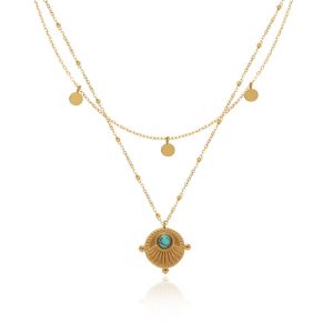 2 Layers Bohemia Compass Blue Stone Pendant Gold Chain Necklace • Waterproof Non Tarnish Jewelry • 18K Gold Plated 316L Stainless Titanium Steel Boho Set Necklaces for Women NL247