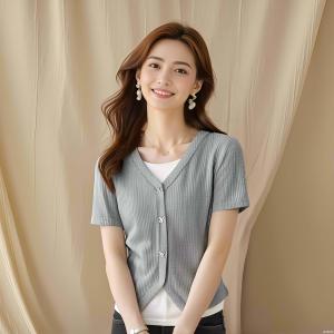 Korean Style Slim Fit Short Sleeve Knitted Top Womens Fashionable Versatile Summer New Arrival Single Piece round Neck Knitwear