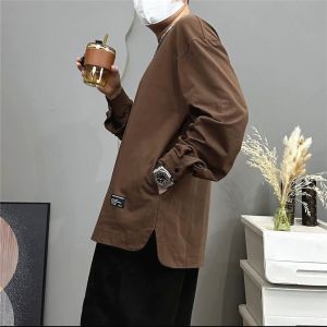 เสื้อยืดคอกลมแขนยาวลายทางหนาสำหรับผู้ชาย ระบายอากาศได้ดี มีกระเป๋า ทรงหลวม สไตล์เกาหลี แฟชั่นฤดูร้อน