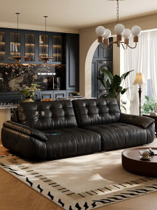 Black Leather Sofa Cloud Pattern Vintage Style Living Room Large Or Small Size Apartment First Layer Cowhide Straight Row Three Seater