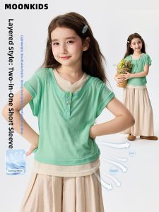 Moonkids | Girls Two-in-one Appearance Short Sleeve T-shirt Lightweight Fresh Color Block Summer