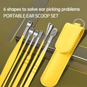 6PCS Stainless Steel Earpick Ear Cleaner Spoon Ear pick Ear Wax Removal Tool Kit Ear Spoon Care for Baby Adults Ear Care Set(Random color)