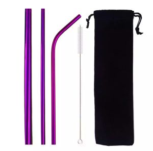 [Valentine Gift] 5 in 1 Reusable Stainless Steel Drinking Metal Straw Set | Blue | Pink / Purple