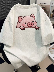 YEBO | Plus Size Embroidery-style Pig Print Cotton T-Shirt