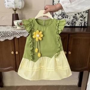 Bear Leader | Summer Girls Fashion Sleeveless Cute Flower Decoration Sweet Ruffled Princess Dress 1 Pc 2-7 Years Kids Daily Casual Clothes