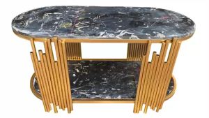 Bàn trà đơn Sofa phòng khách 2 mặt đá bầu dục chân kim loại kiểu sáo sang trọng hiện đại