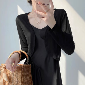 ชุดเดรสฤดูร้อนถักพร้อมสายเอี๊ยมความยาวสั้นแจ๊กเก็ตป้องกันแสงแดดสําหรับผู้หญิงสไตล์หวานหลวมพอดีแขนยาว