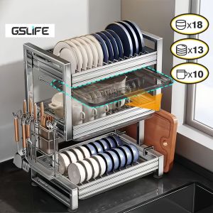 GSlife 2/3 Tier Stainless Steel Dish Rack with Drainer Countertop Plate Bowl & Kitchen Tool Organizer