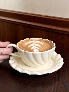 Elegant Cream-Colored Coffee Cup And Plate Set with Embossed Petal Design for Afternoon Tea And Latte Home Use Ceramic