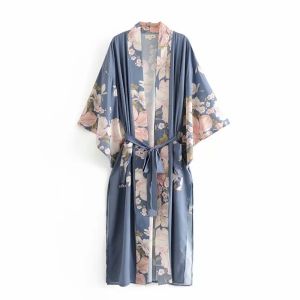 Vintage Peacock Floral Print Sashes Women Bohemian V Neck Batwing Sleeves Ladies Blouses Happie Beach Robe Cover-up