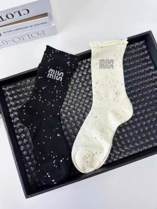 Spring and Summer New Arrival Thin Socks Tube Socks Fashion Rhinestone Letters Miu Style Easiest for Match Trendy Socks Good-looking Western Style Women