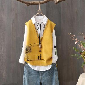 Spring Autumn New V-Neck Knit Tank Top Womens Artistic Casual Loose Sleeveless Pullover Cozy Cashmere Base Shirt
