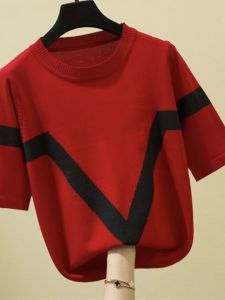 Loose Ice Silk Knitted T-Shirt Womens Summer Clearance Sale Brand Name Tag Removed Color Block Design Korean Style Commute