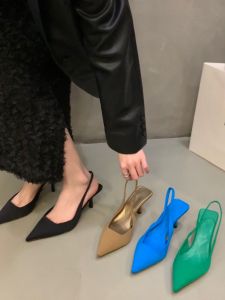 French Style Fine Heel Black Womens Sandals Pointed Toe Low Cut Fashionable Design Summer Shoes Comfortable Commute Footwear