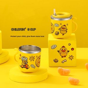 Stainless Steel 304 Childrens Straw Cup Anti-fall Little Yellow Duck Drinking Water Cup with Lid Baby Kindergarten Handy Cup