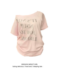 Pink Korean Style Asymmetrical Shoulder Letter Print Short Sleeve T-Shirt Womens Pure Cotton Youthful Versatile Slimming Trendy Top