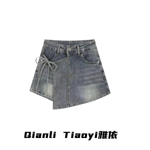 สูง เอว เดนิม กางเกงขาสั้น ผู้หญิง ฤดูร้อน สไตล์ใหม่ปลอมสองชิ้นไม่สมมาตร หลากหลาย พรางหุ่น ครึ่งความยาว เซ็กซี่ สาว กระโปรง