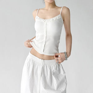 MUYUZI | Lace Trim Halter Sleeveless Top Slimming Black