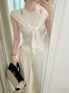 Elegant Knitted Top Shoulder Slimming Design Shawl Two-Piece Set Womens Summer Moisture-Wicking Breathable White Enhancing