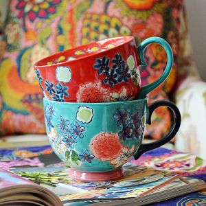 Elandir Oat Cup Hand-Painted Hydrangea Ceramic Mug Underglaze Large Capacity Breakfast Cup Milk Cup