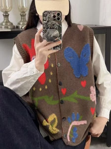 Womens Open Cardigan Knitted Vest Loose Oversize Outerwear Fall Winter New Style Floral Embroidery Decorated Knitwear