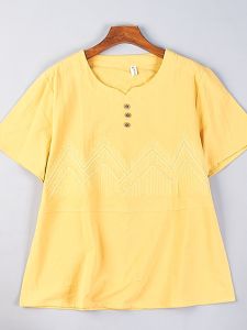 Retro Artsy Pure Cotton Embroidery T-shirt Female 511h78783 Spring/Summer Plaid Large Size Moms Clothing Embroidered Short Sleeve Tops