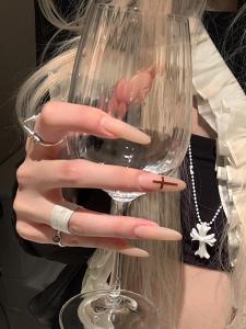 Handmade Wearable Nail Art Red Cross Design Ice Transparent Nude Pink Short Medium Long White Enhancing Nail Tips Chinese Brand