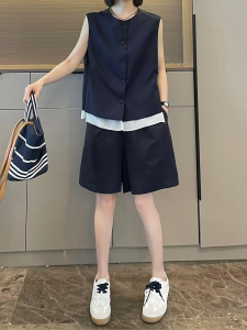 Shalldoer | Summer New Elegant Patchwork Sleeveless Vest Workwear Leisure Set