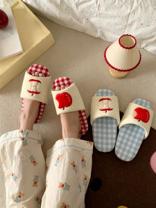 XIXITIAO | Red Apple Pattern Cotton All-season Washable Grid Silent Anti-slip Breathable Indoor Slippers