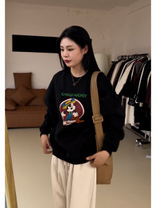 French Style round Neck Long Sleeve Pure Cotton Black Sweatshirt Womens Spring New Loose Fit Printed Comfortable Crew Neck Pullover