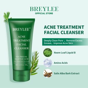 BREYLEE Facial Cleanser Acne Treatment Shrink Pore Face Cleansing Oil Control Skin Care Cleaner Remove Blackhead Salicylic Acid Cleanser Tea Tree Facial Wash 100g