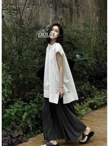 Loose Old Money Style White Flying Sleeve Linen Shirt Womens Summer Outwear Sleeveless Tops Mid Length Long Length Doll Shirt Vest