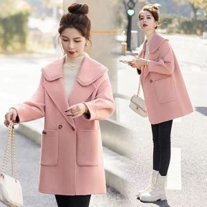 Elegant Woolen Jacket Coat Womens Fashionable Autumn Winter Thickened Korean Style Straight Cut Long Sleeve Pure Color Coat